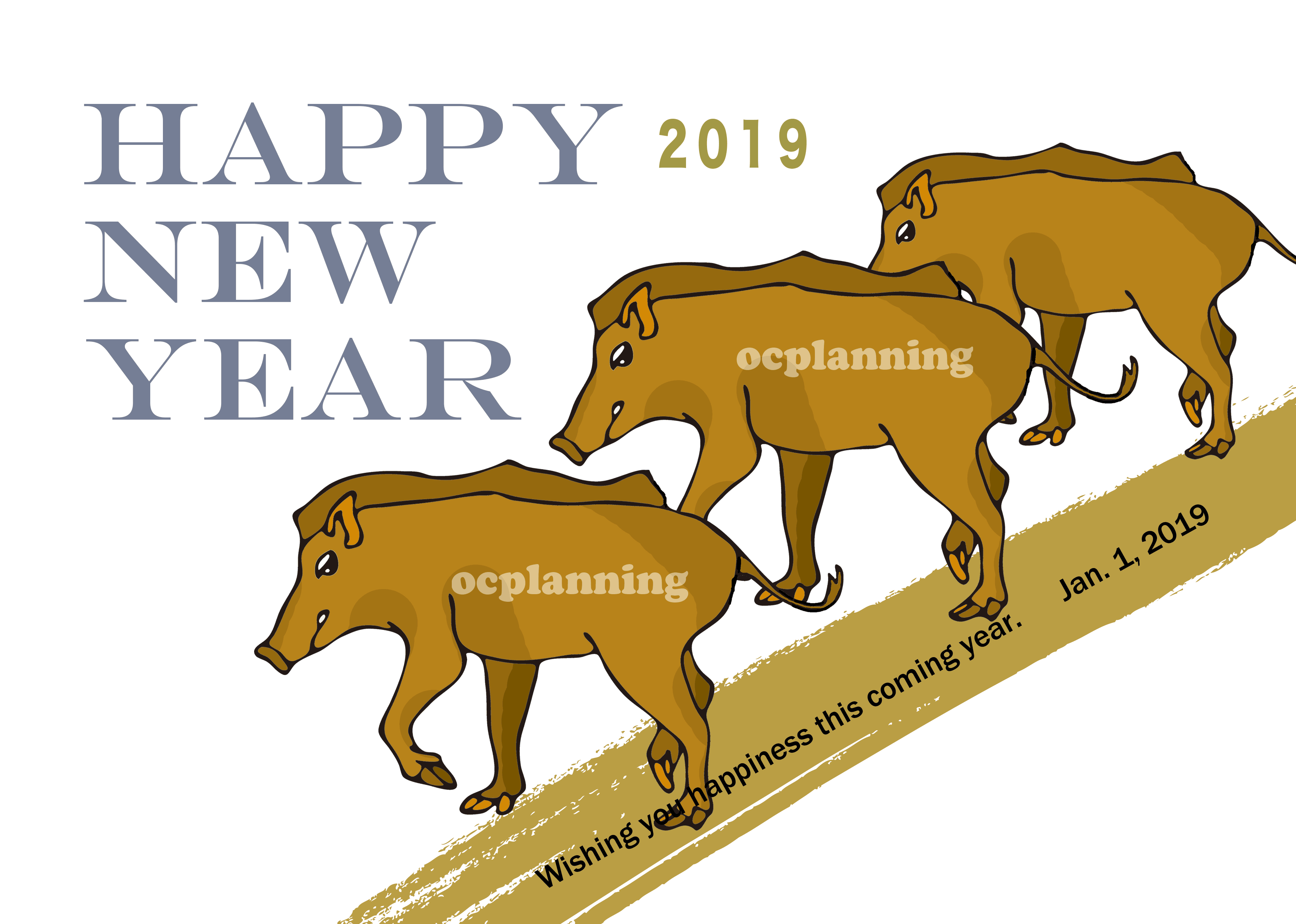 2019亥年 猪のイラスト年賀状素材